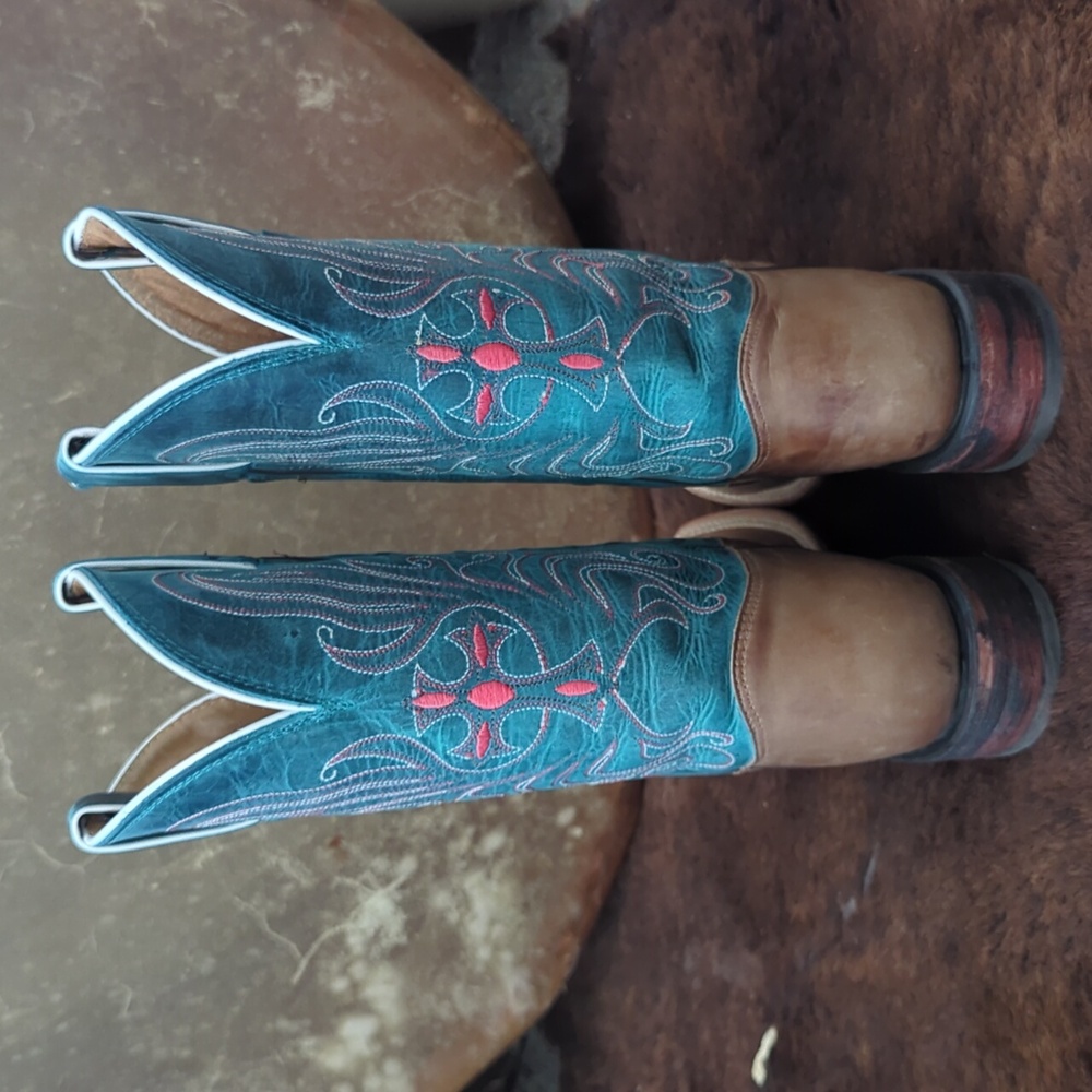 TONY LAMA ladies style#7931L "tan vintage cow cross" teal/brown cowboy boots 6.5 - Picture 6 of 16